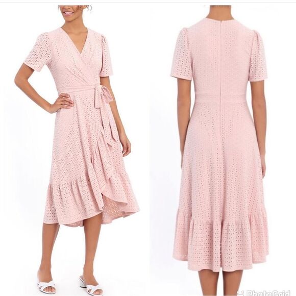 New LONDON TIMES SHORT SLEEVE FAUX WRAP STYLE MIDI DRESS fit and flare dress - Picture 1 of 11